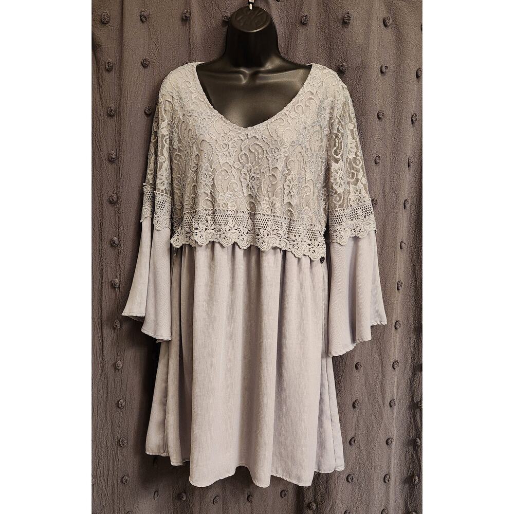 ZANZEA Mini Swing Dress Womens XL Dove Gray Floral Lace Bell Sleeve Event Formal